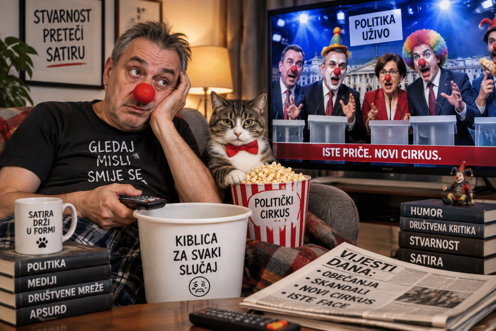 Gordan s crvenim klaunskim nosom i mačak Kikirikić gledaju politički cirkus na televiziji.