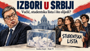 Izbori u Srbiji – ilustracija Aleksandra Vučića, studentske liste i glasačke kutije.