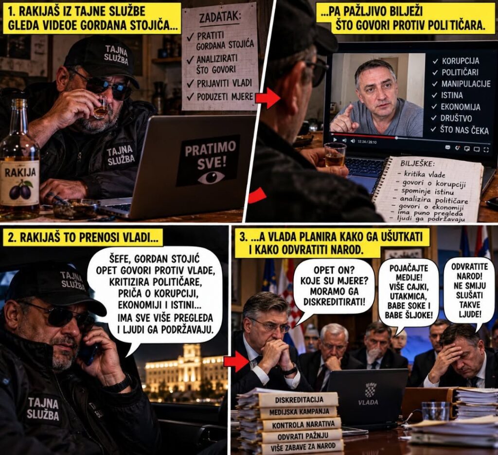 Satirični strip u kojem zamišljeni tajni agent prati Gordana Stojića i izvještava vlast o njegovim političkim komentarima.