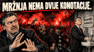 Satirična ilustracija uz temu Torcida i antisemitizam: bijesni navijači i političar koji pere ruke ispod natpisa „Mržnja nema dvije konotacije”